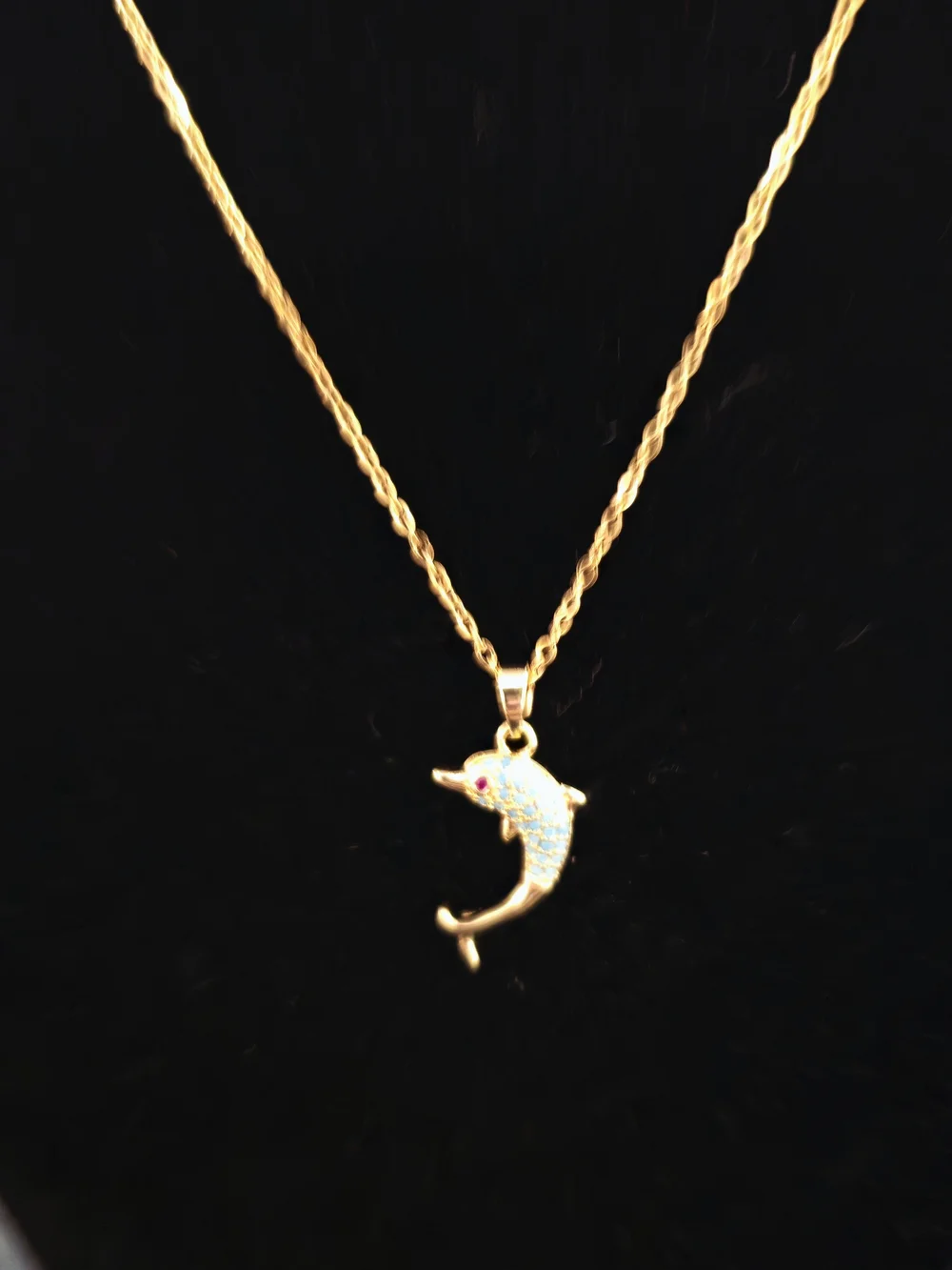 Gold Dolphin Pendant Necklace with Blue Zircon Accents Sea Life Beach Summer B03